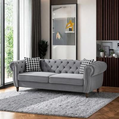 Velvet Chesterfield Sofa with Roll Arms and Nailhead Trim