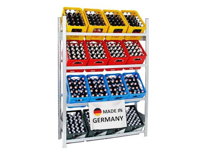 PROREGAL Getränkekistenregal Magnus Made in Germany HxBxT 185x136x34cm 16 Kisten auf 4 Ebenen Verzinkt Freistehendes Kistenregal Kastenregal Getränkekregal Kistenständer