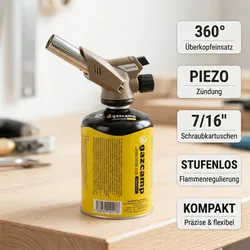 Gazcamp Lötbrenner Piezo 360° mit Schraubkartuschen GC450 - Lötbrenner + 4 Kartu...