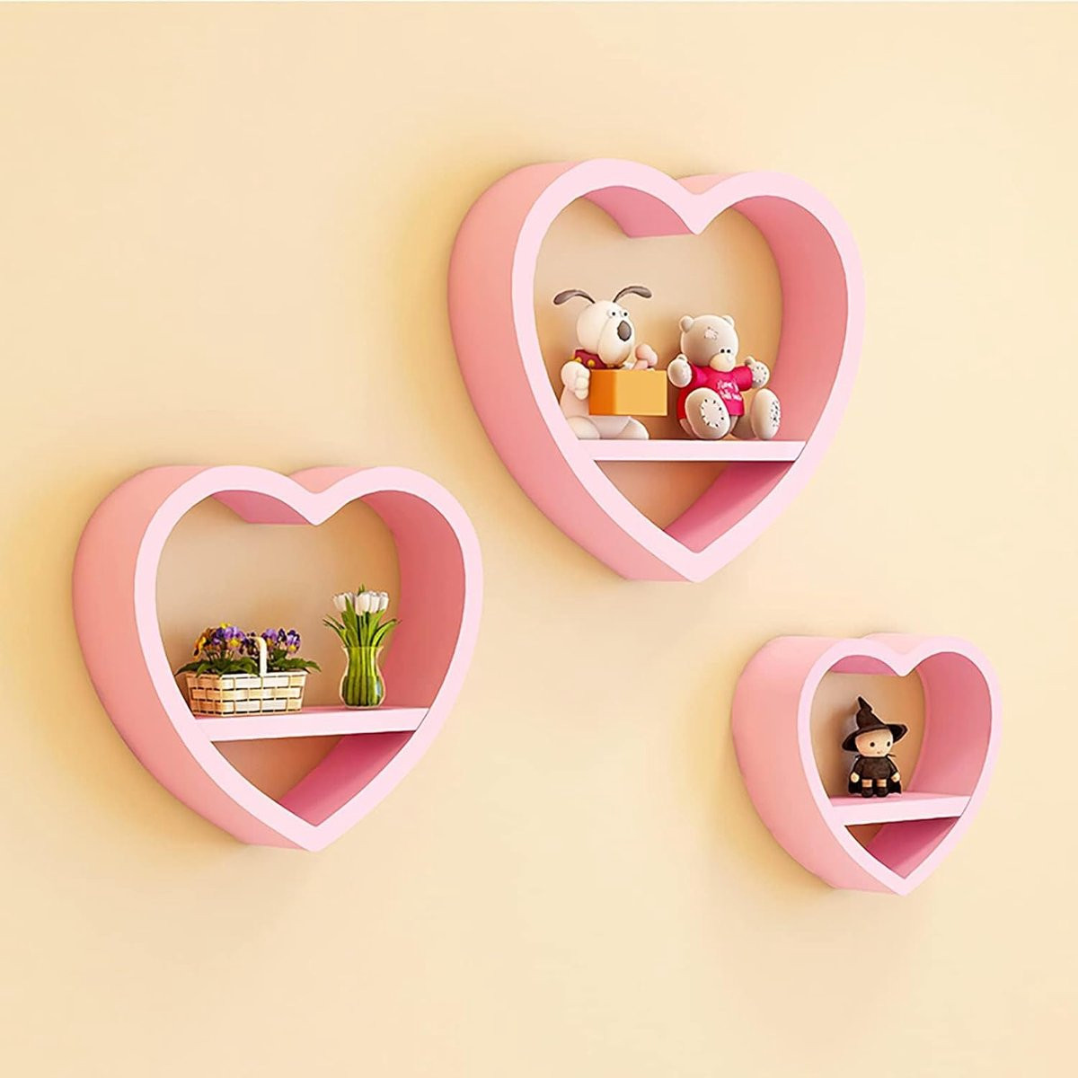 Set van 3 Roze Houten Wandplanken met Hartvormig Design voor Decoratie en Opslag
