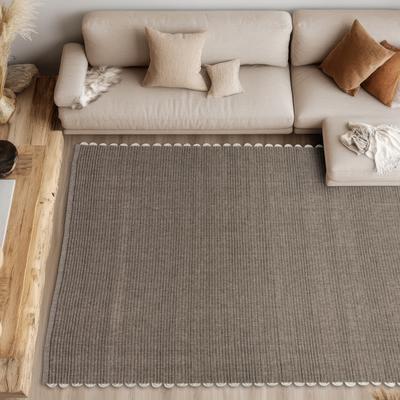 Wollteppich "Omira", grau (dunkelgrau), B:120cm H:7mm L:170cm, Wolle, SCHÖNER WOHNEN-KOLLEKTION, Teppiche, reine Wolle, Linien, dekorative Häkelkante, Wohnzimmer