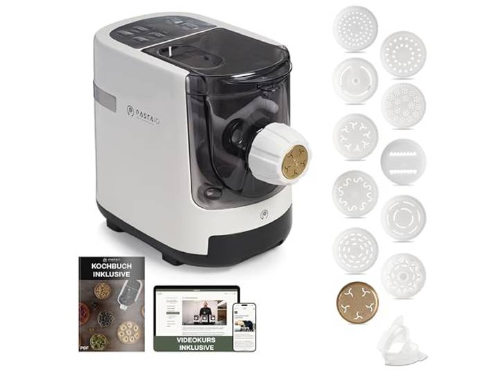 Pastaio Nudelmaschine mit 12 Aufsätzen (davon 1 aus Bronze) Nudelmaschine, integrierte Waage, schnelle Extrusion, bis zu 800 g Teig, bis zu 16 verschiedene Nudelsorten Classe Italy
