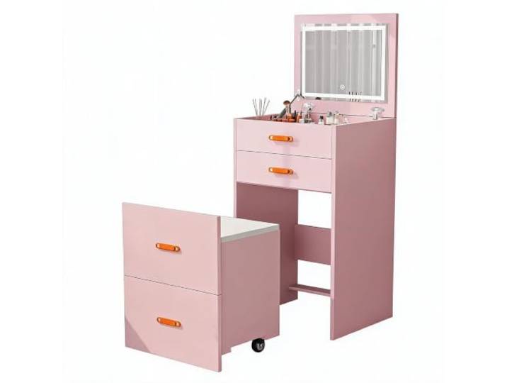 GarveeHome 3-in-1 Schminktisch LED Spiegel, Hocker, Rosa, Platzsparend Dimmbare Helligkeit; Frisiertisch; Rollbare Sitzgelegenheit; Schubladen-Organizer; Modernes Dekor; Einfache Montage