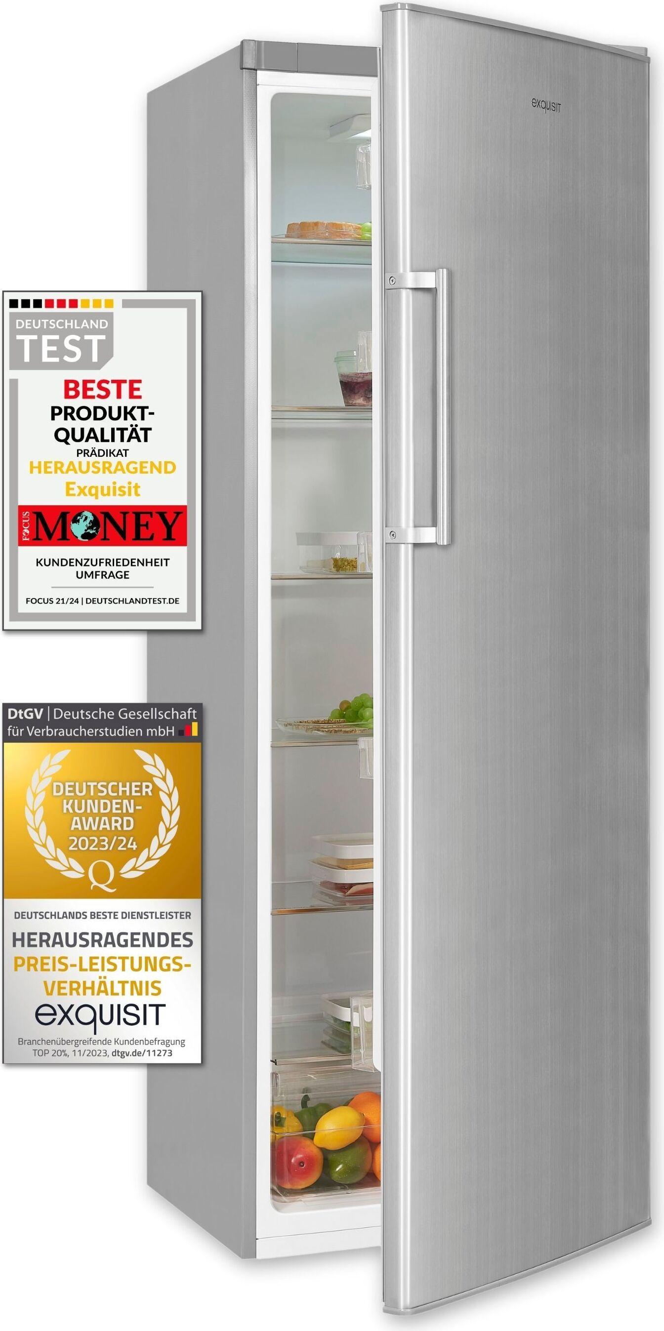 Exquisit Vollraumkühlschrank KS350-V-H-040E inoxlook | Nutzinhalt: 331 L | 6 Glasablagen | Ohne Gefrierfach
