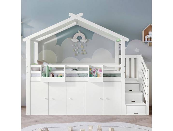 DRIPEX Lit superposé pour enfants 90x200cm avec armoires et cassiers de rangement sous le lit Lit maison avec escalier et