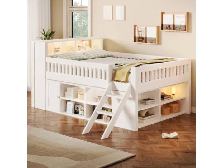 BTM Halbhohes Bett 140x200 Holz Hochbett mit Schrank, Rausfallschutz, Weiß