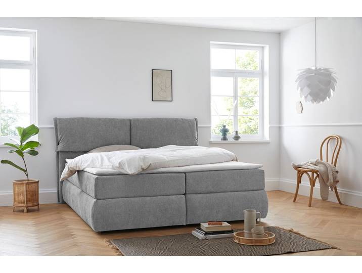 Boxspringbett, Strukturweich, Grau, 208×225 cm, 7-Zonen-Federkern, Skandinavisch, andas