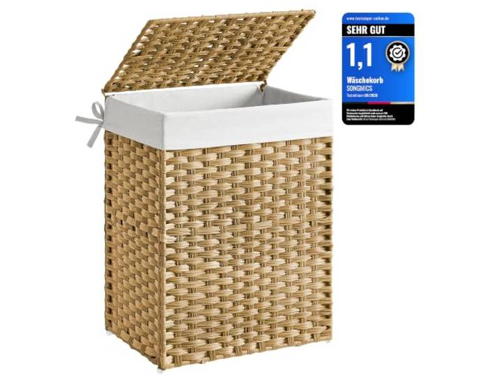 SONGMICS Wäschekorb schmal, 90 L, aus synthetischem Rattan, faltbar