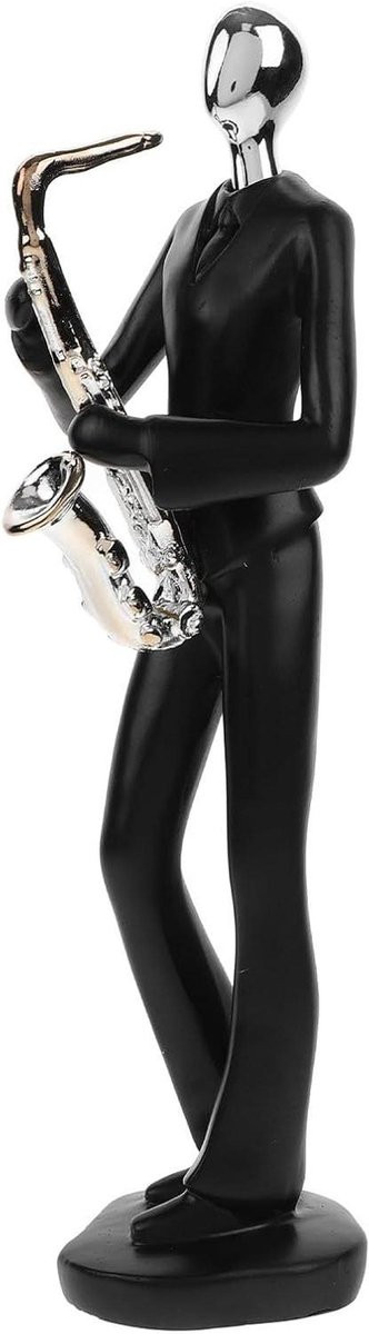 Zwart abstract saxofonist beeldje van hars voor kantoordecoratie, Lengte: 28 cm