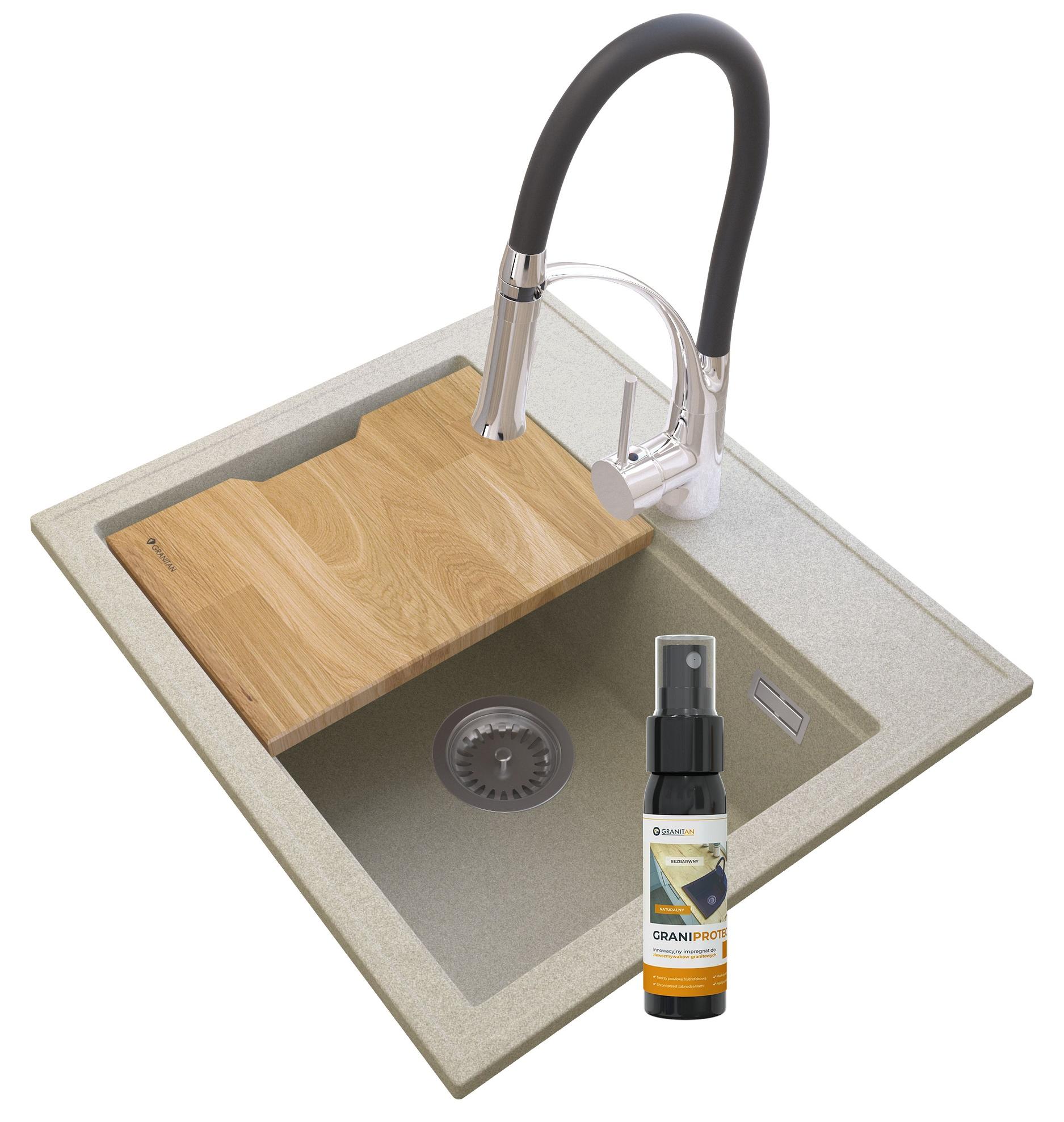 Granitan - Granitspüle - Spülbecken 56,5x50,5 cm - Küchenspüle Beige - mit Armatur und Siphon - FOXAL