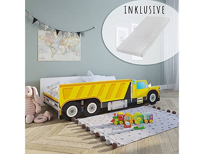 Kids Collective Autobett Kinderbett Jugendbett 70x140 80x160 mit Rausfallschutz & Matratze Baustelle Bagger Kran Kipplader Kinder Spielbett von Geburt bis 6. Lebensjahr