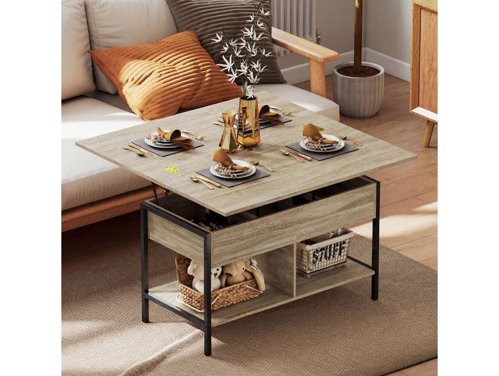 HOMCOM Table Basse Relevable Extensible Bois Naturel 98x49x55cm