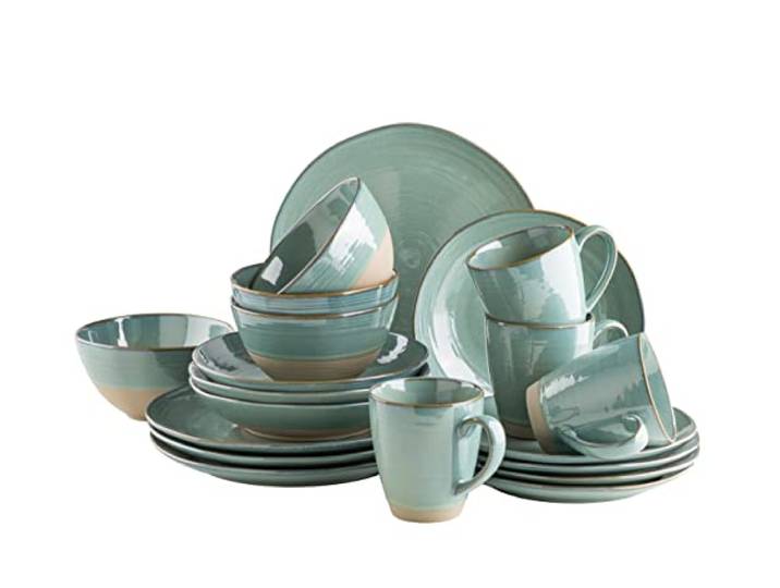 MÄSER Serie Nottingham, Vintage Geschirr-Set für 4 Personen, 20-teiliges Kombiservice mit unregelmäßig runden Formen im Retro Look, Steinzeug, Türkis-Grün