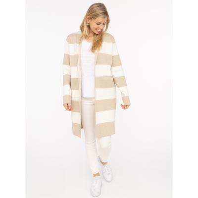 Strickjacke ZWILLINGSHERZ "Streifen & Schalkragen", Damen, Gr. S/M, beige, Strick, Obermaterial: 50% Viskose, 27% Polyester, 23% Nylon, gestreift, bequem knielang, V-Ausschnitt, Strickjacken Strickjacke, Schalkragen, Langarm, Taschen, knielang,...