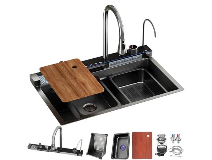 DSMRLEOP 68x46cm Küchenspüle Aus Edelstahl Mit Wasserfall-Design Und Ausziehbarem Wasserhahn, Nanobeschichtete Einzelspüle Im Mit Gläserspüler Und Schneidebrett Funktionen Arbeitsplatz-Küchenspülen