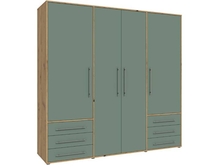 Drehtürenschrank FORTE Mokkaro, Kleiderschrank,zeitloses Design, 4 türig , grün (artisan eiche, salbei), B:205,9cm H:200cm T:53cm, Holzwerkstoff, Schränke, Drehtürenschrank, viel Stauraum, Schubladen, Stangengriffe, Made in Europe