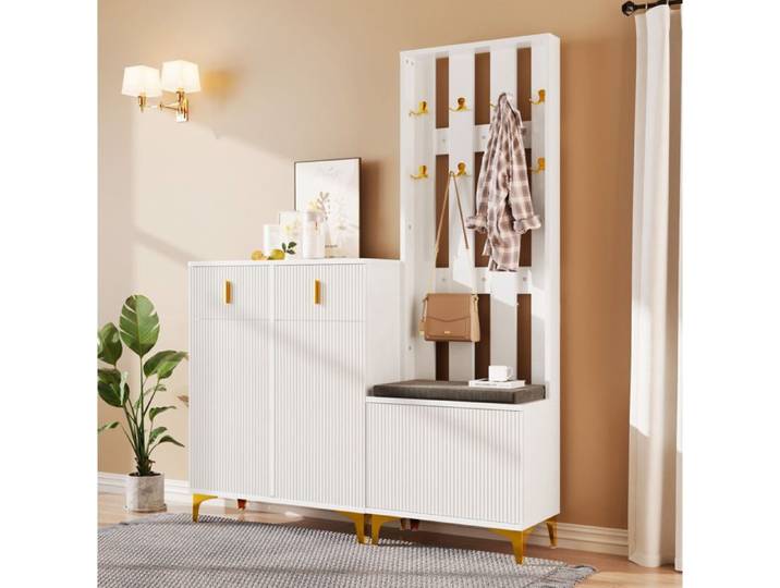 Ensemble meuble d'entrée IVMEU : meuble à chaussures 2 portes 2 tiroirs vestiaire 8 crochets banc blanc