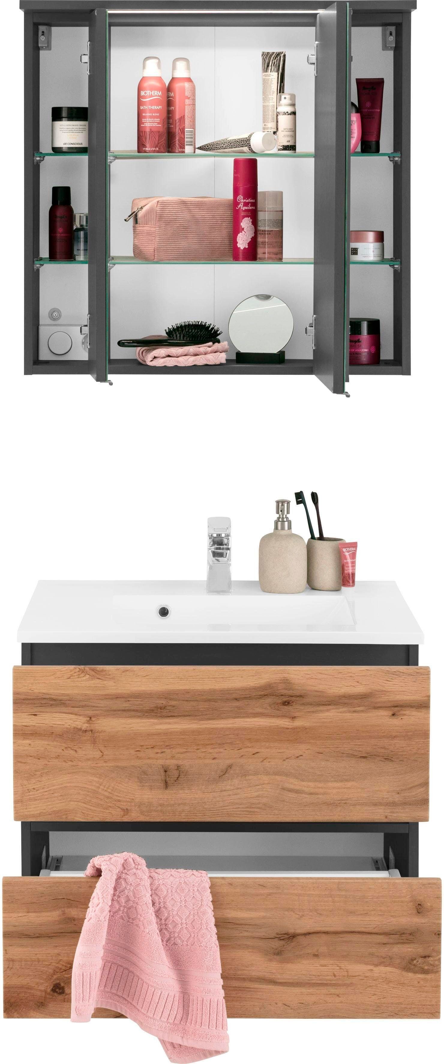 Badmöbel-Set WELLTIME "Lucca", grau (graphitgrau, eichefarben), Kastenmöbel-Sets, Badmöbel-Set, Breite 60 cm, mit LED-Spiegelschrank