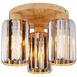 Deckenleuchte Deckenlampe Wohnzimmerlampe 3 flammig Holzoptik Kristalle rauch