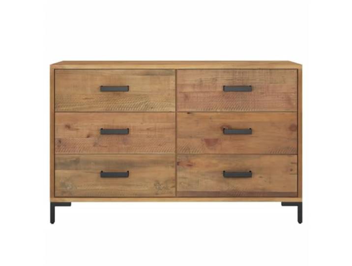 KTHLBRH Anrichte braun 110 x 35 x 70 cm Massivholz Kiefer 6 Schubladen, robuste Tischplatte, Metallfüße, Vintage-Industriestil