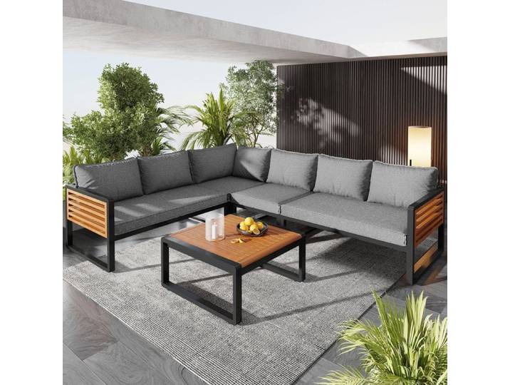 Salon de jardin 6 places avec 1 canapé 2 places 1 module d'angle 1 module sans accoudoirs 1 table basse cadre en fer gris