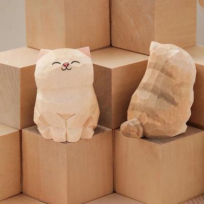 Inspired Living Hand Carved Wooden Cat Figurine Cute Kitten Desk & Home Decor Accent 3