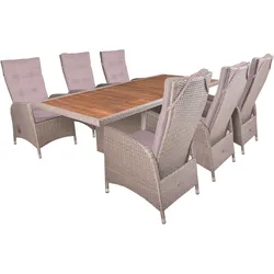 Garden Pleasure Gartenmöbel Set BRAGA 01, Tisch 220 x 100 + 6 Sessel, Polyrattan Weidenbraun / Akazie / Kissen 100 % Polyester Creme