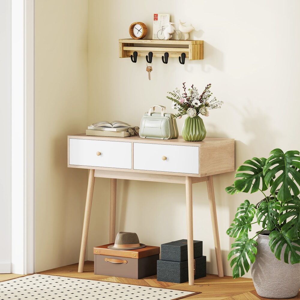 Homcom Console meuble 2 tiroirs chêne blanc Beige 86x75x35cm