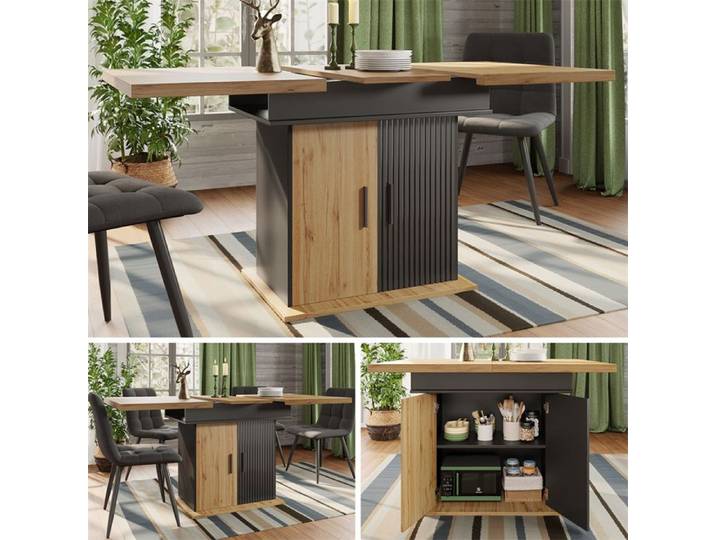 Table a Manger Extensible Table de Cuisine 4 à 6 Personnes Table Salle a Manger avec Rangement Noir et Bois Naturel 110-140×80cm