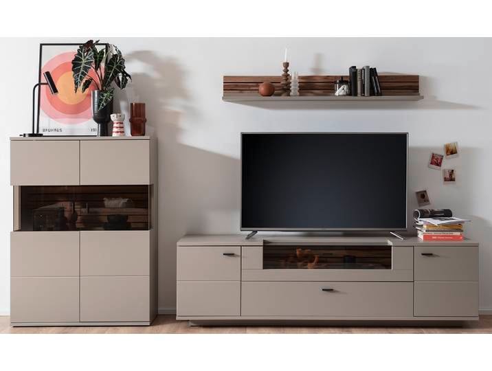 Wohnkombination Lüttich 2 , Basalt / Wotan Eiche , 3-teilig , TV-Board mit Bandbeleuchtung