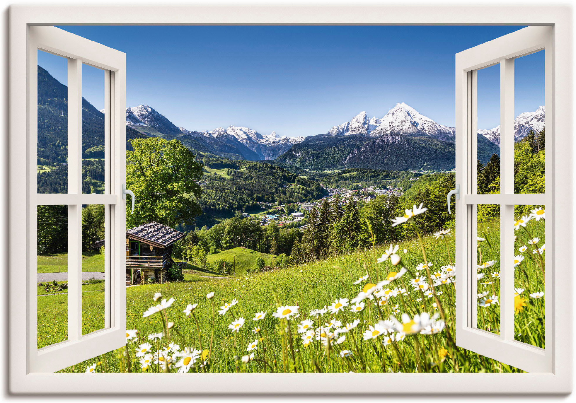 Wandbild ARTLAND "Fensterblick Bayerischen Alpen", weiss (farbe bild(er): weiß), B:70cm H:50cm, Bilder, Wandbild, als Leinwandbild, Poster in verschied. Grössen farbe bild(er): weiß B/H/T: 70cm x 50cm, Leinwandbild Berge Querformat, 1 Stk.