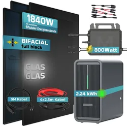 SUNNIVA® 1840W Balkonkraftwerk mit 2,24 kWh Speicher Marstek B2500-D & 800W Wechselrichter, BIFAZIAL FULLBLACK komplett Steckdose, PV Solaranlage Komplettset mit Solarspeicher, 4x460W N-Type Glas-Glas