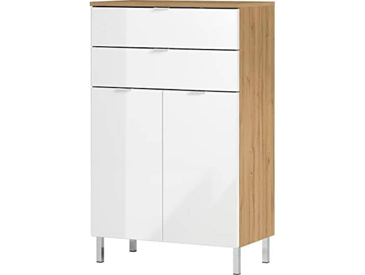 möbelando Kommode >M-415< (BxHxT: 60x97x34 cm) in Hellbraun Weiss - 60x97x34cm (BxHxT)