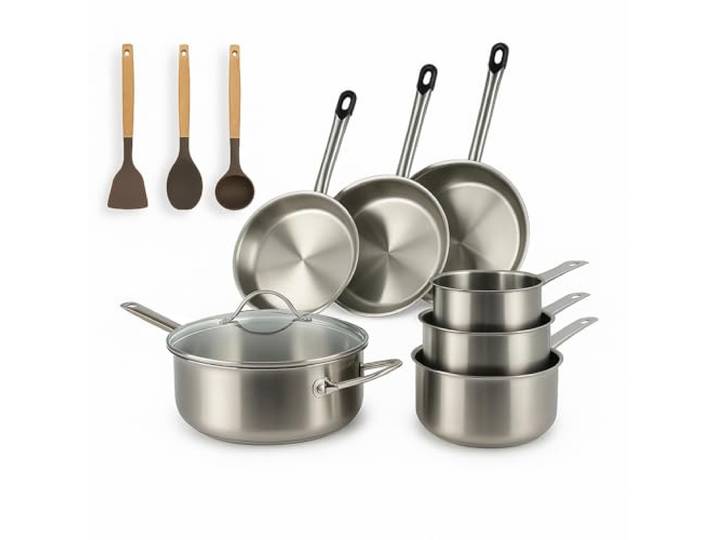 MENASTYL - Batterie de cuisine inox 10 pièces tous feux dont induction - Casseroles\, poêles\, sauteuse et ustensiles - Gamme Professionnel - Sans PFAS - 6014031