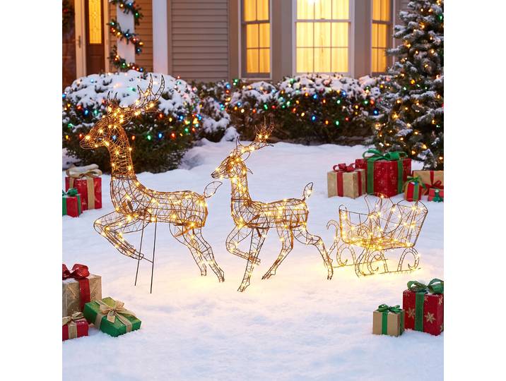 Outsunny Ensemble Noël 3pcs Renne Traîneau LED Polyrattan 8 Modes