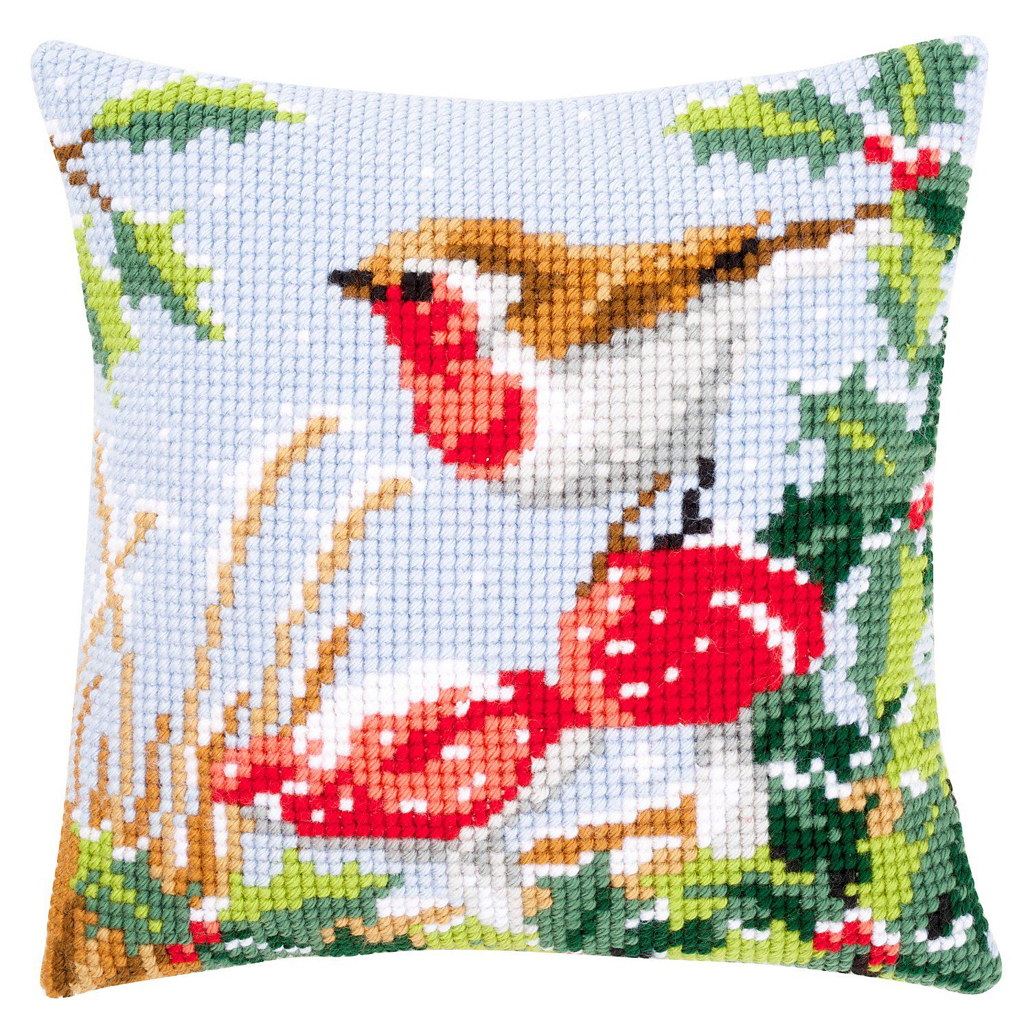 Kreuzstichkissen "Rotkehlchen & Fliegenpilz Winter"