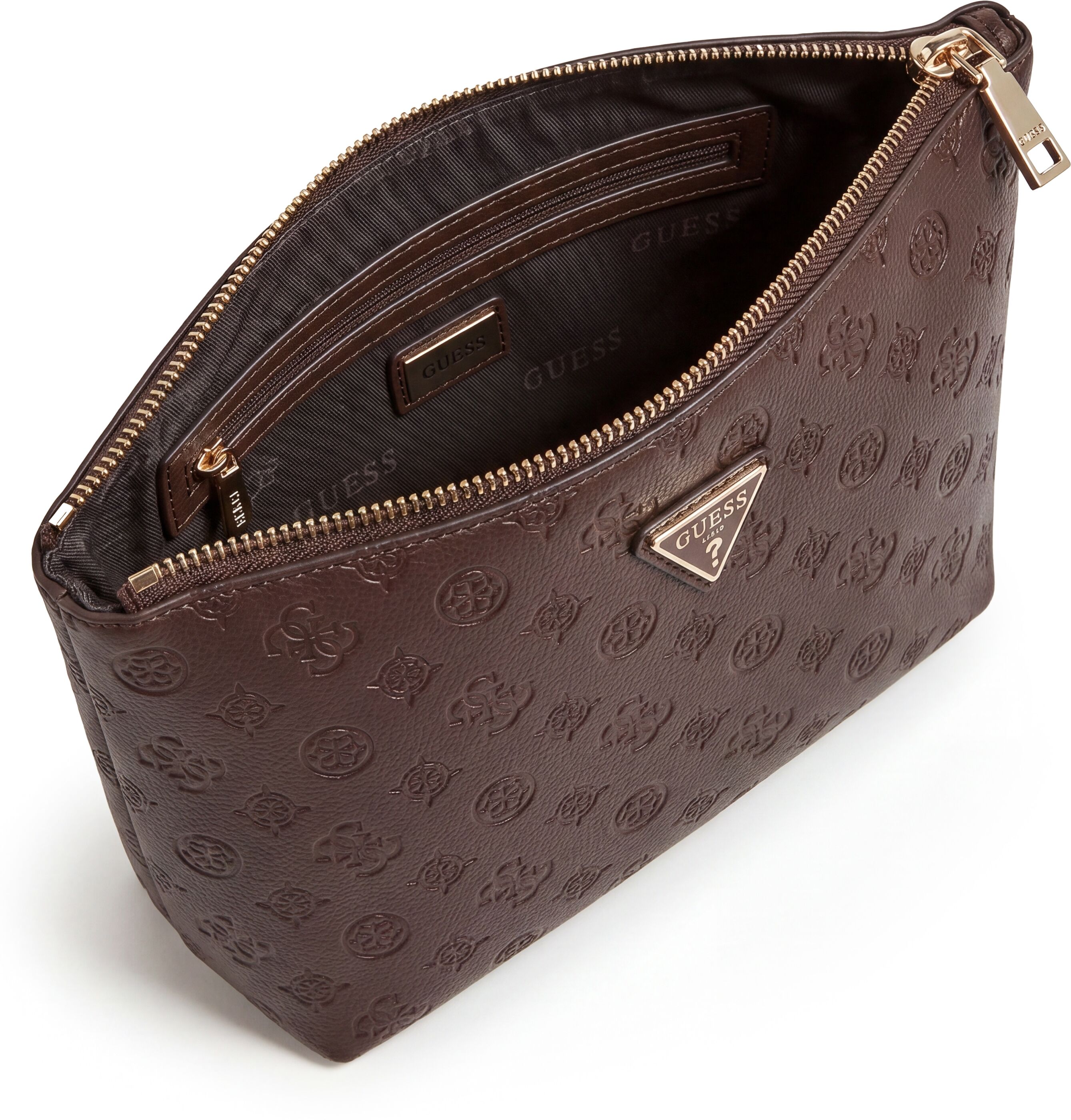 Kosmetiktasche GUESS "LENWOOD TOP ZIP COSMETIC", Damen, Gr. B/H/T: 30cm x 20cm x 13cm, braun, Lederimitat, Taschen Kosmetiktasche, Waschbeutel, Wash Bag, Kosmetiktasche mit Reissverschluss braun B/H/T: 30cm x 20cm x 13cm