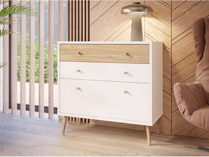 FORTE Harllson, einfache Montage Dank EasyKlix Kommode Weiß mit Holzdekor: Mauvella Eiche, Sideboard mit 3 Schubladen, Mid Century Stil, 90 cm breit x 86 cm hoch x 41 cm tief