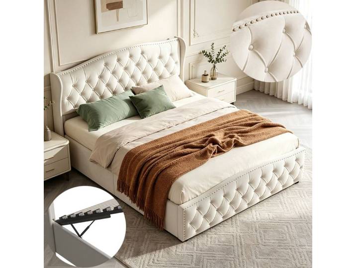 Lit 160x200 avce sommier et coffre de lit décoration de rivet 160x200 lit coffre tissu en velours beige