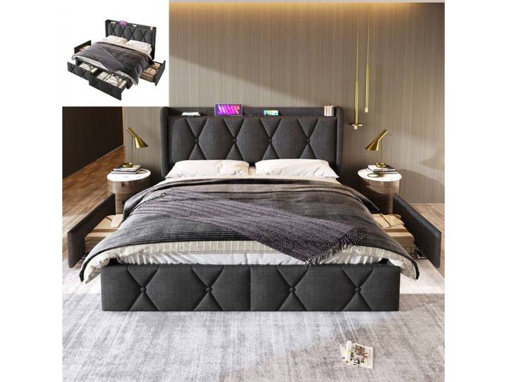 Lit double rembourré - TRUXEN8 - 160x200cm - USB - 4 tiroirs - Gris