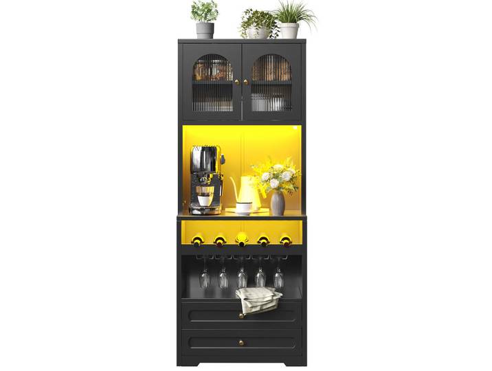 Flieks Vitrine Gewölbte Glastüren LED Schwarz, 70x180x40 cm, Kleinmöbel, Kommoden, Highboards