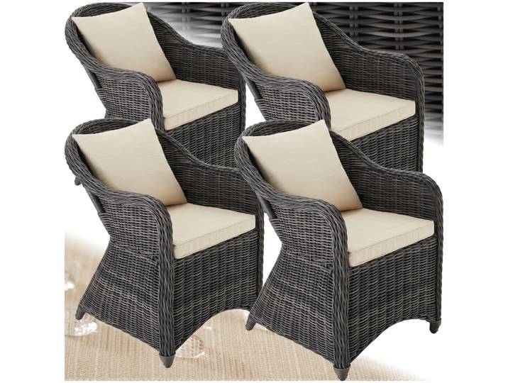 4 Rattansessel mit Aluminiumgestell inkl. Sitzkissen und Rückenkissen - grau