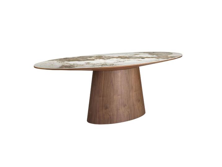 Angel Cerda Ovaler Esstisch aus Porzellan-Marmor und Walnussholz, Modell 1177, Hellbraun, Holzwerkstoff, Echtholz,Nussbaum, Essen/Getränk, Oval,Oval, 220x76x112 cm, Esszimmer, Esstische