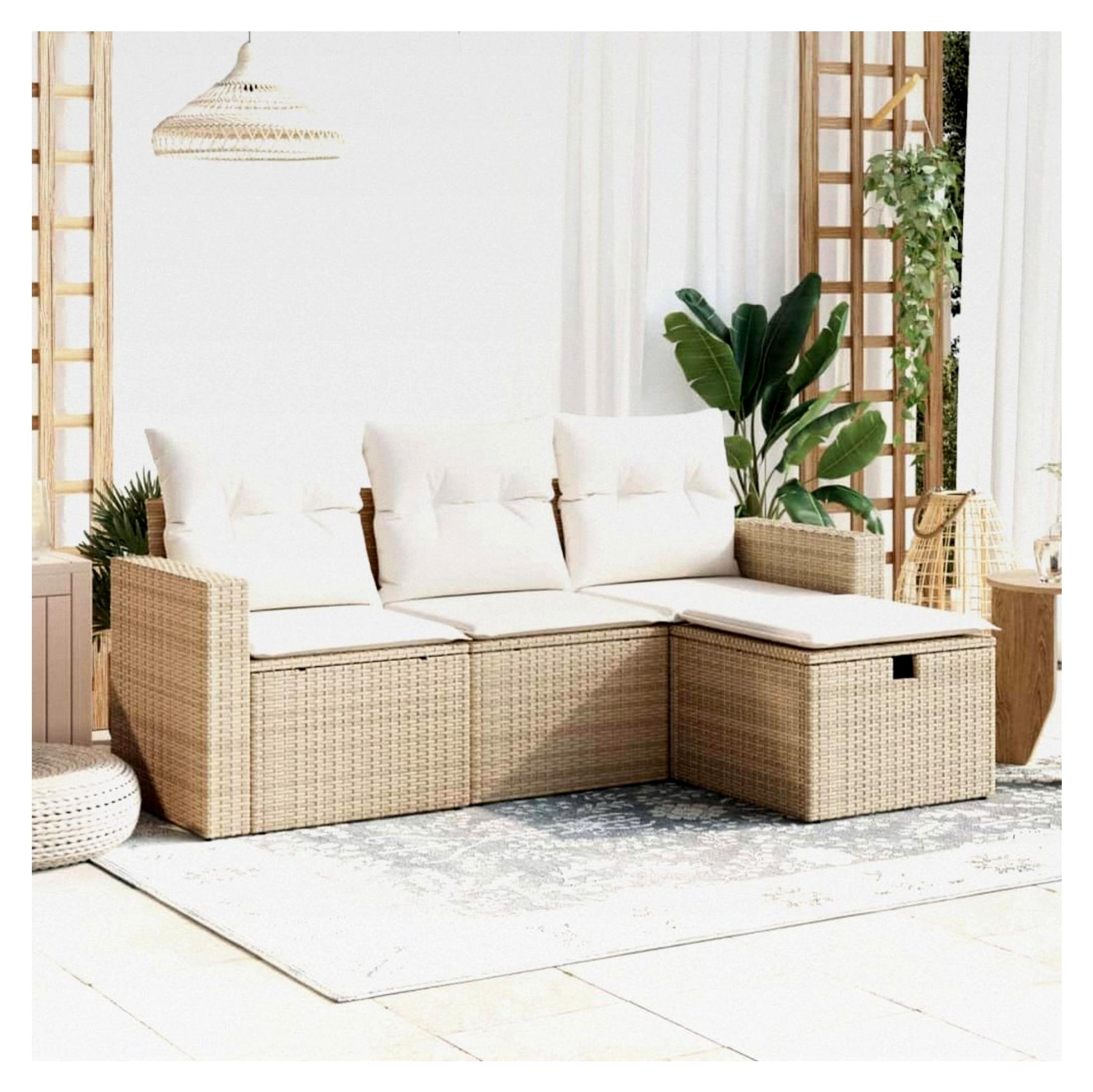 4-teiliges Gartenlounge-Set aus Rattan, Balkonlounge, Balkonsofa, Gartensofa, Loungemöbel, Balkonmöbel, Gartenmöbel, Kissen in Beige