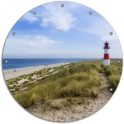 Wallario Gartenposter ca. 60 x 90 cm Am Strand von Sylt  Leuchtturm auf der Düne  Panorama