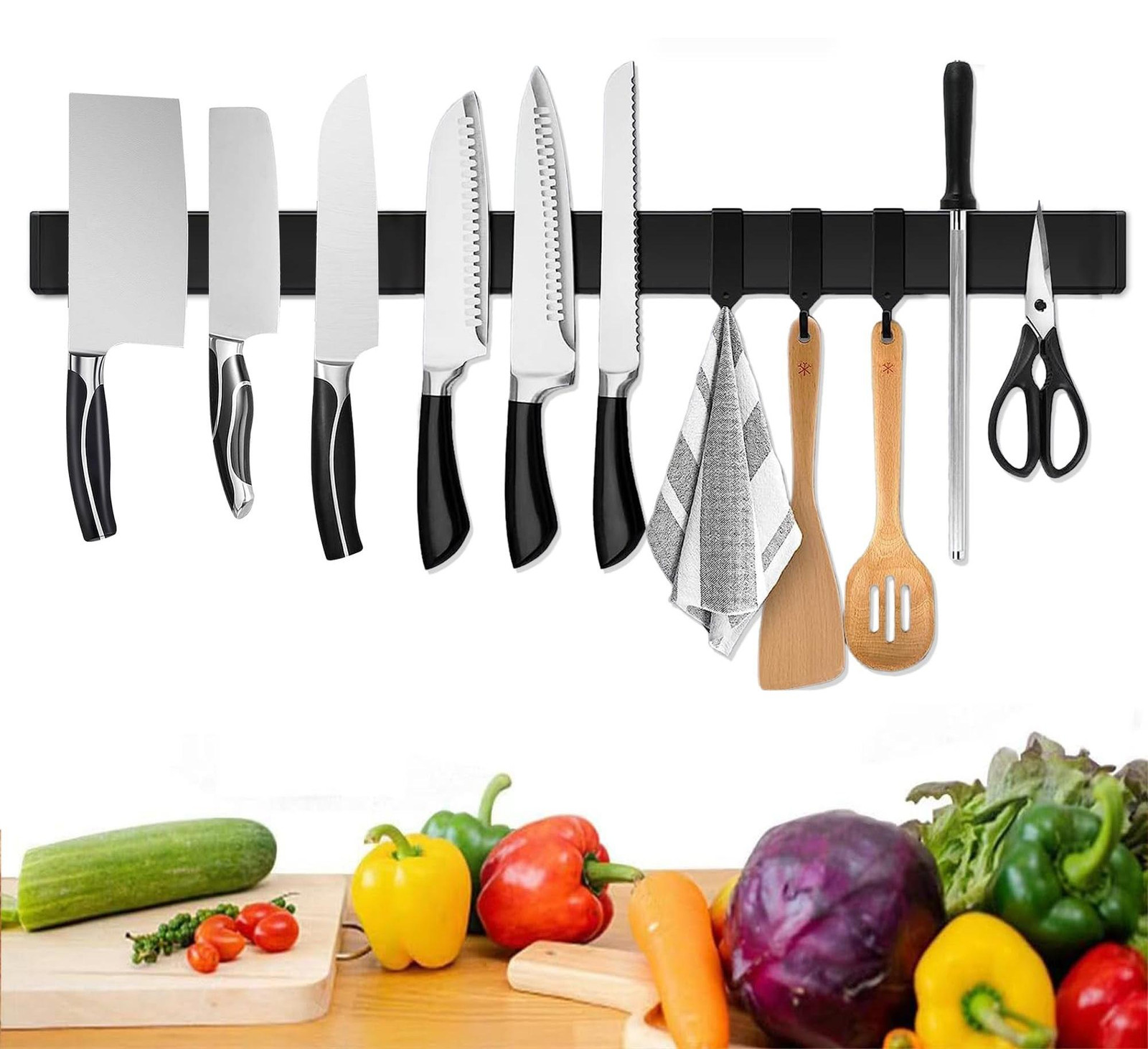 Merkloze Magnetische Messenset met 3 Haken en RVS Meshouder, 58,5 cm
