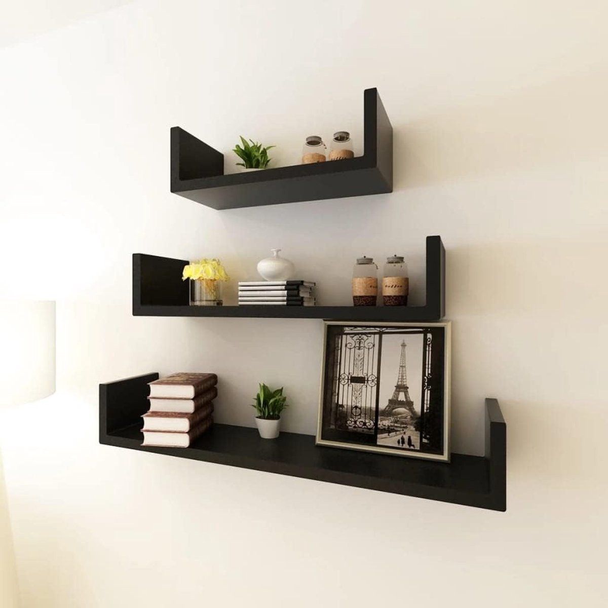 Set van 3 U-vormige wandplanken voor boeken en decoratie - Zwart