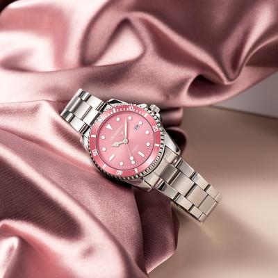 Youfap Market Elegant Business Classic Date Quartz Watch For Ladies With Stainless Steel Strap pink