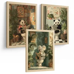 POSTER 3er-Set lustige Badezimmer-Drucke, Panda- und Koala-Tiermotive für Toilette, witziges für Toilette, Vintage-Botanik-Stil Rahmenlos A4