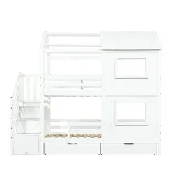 MODFU Etagenbett Massivholz und MDF Weiß 253x95x218 cm mit Treppenschrank, Rollschublade und Lattenrosten
